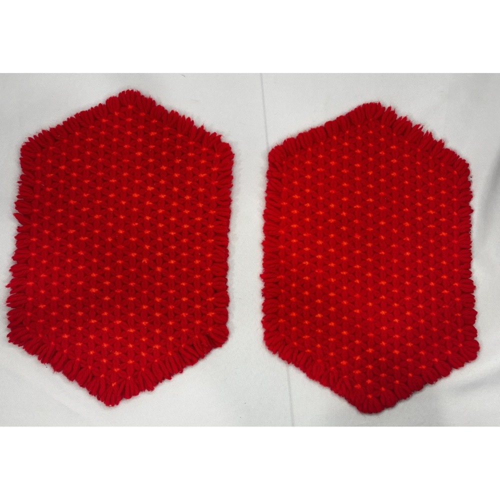 Vintage Set 2‎ Crochet Placemat Doilies Red Orange Flowers/Stripes Handmade